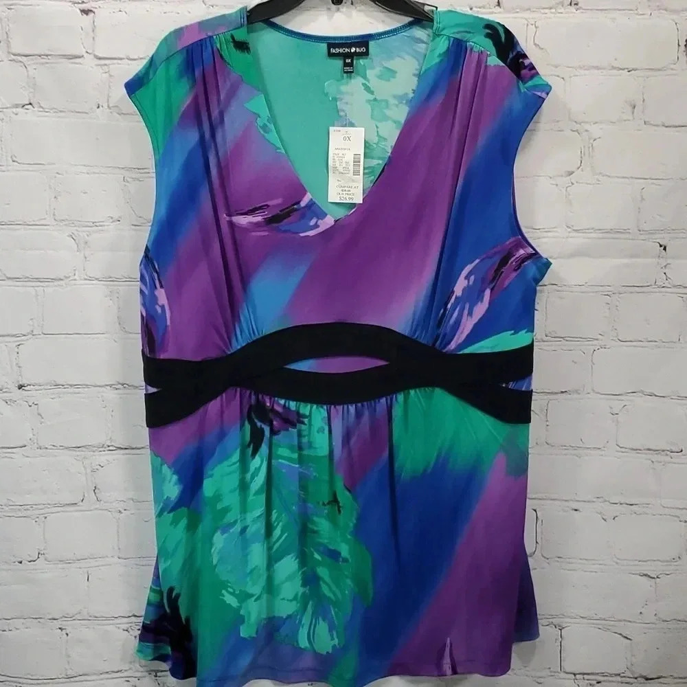 Fashion Bug Sleeveless V Neck Multi Color Empire Waisted Blouse Size 0x NWT